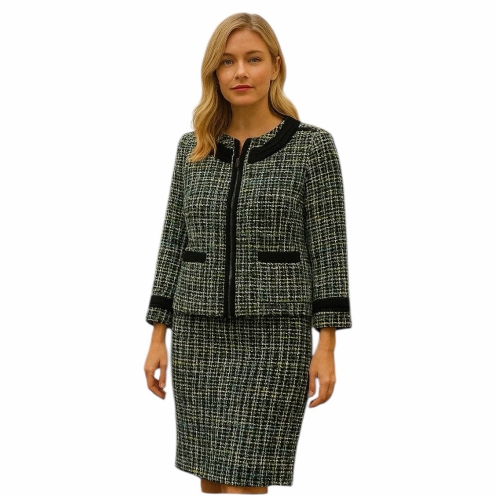 SANDRO ✘ Preppy Turquoise Black Tweed Jacket Midi Skirt Suit 2 Pc Set Office, L